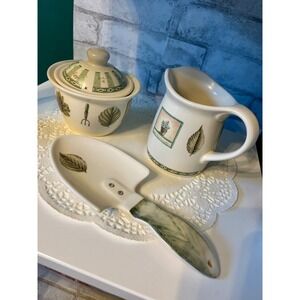 Ceramic Garden Herb Cream and Sugar Set with Trowel Spoon Botanical Leaves